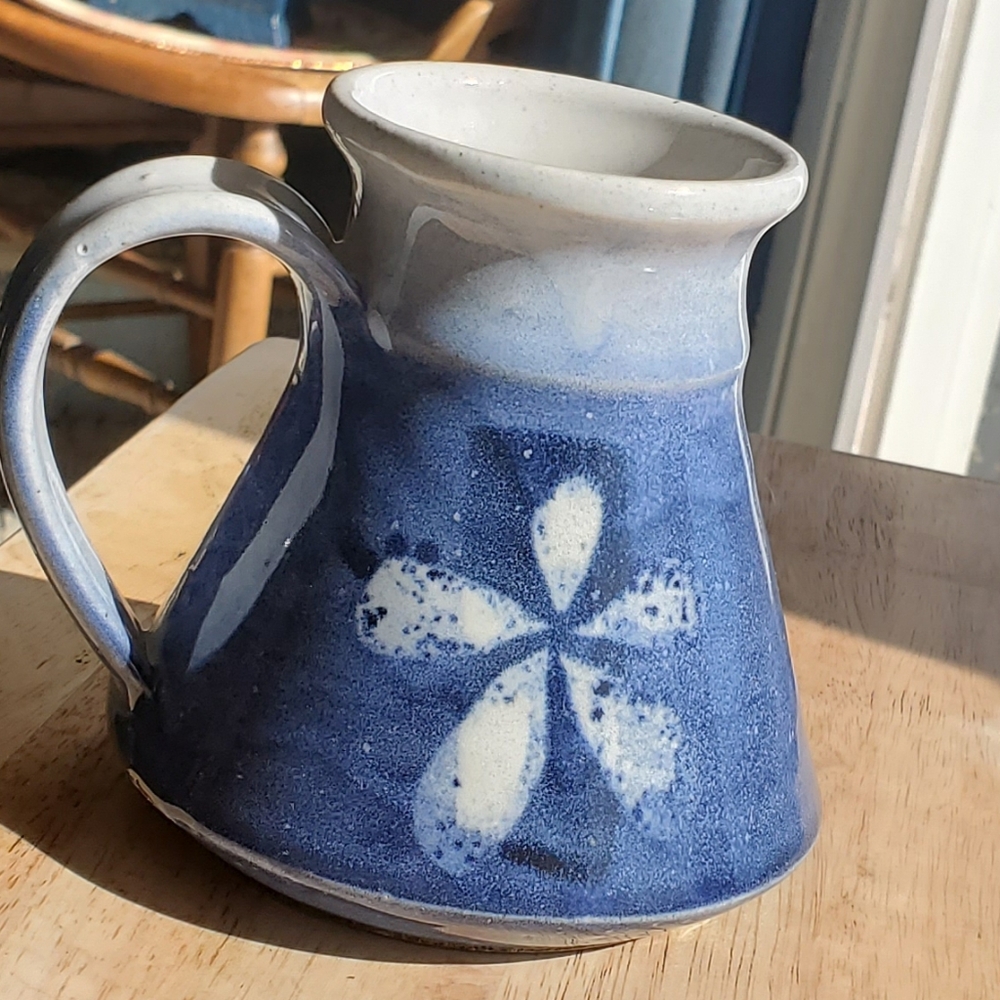 Handmade Blue and White Stoneware Mug with Flower Design